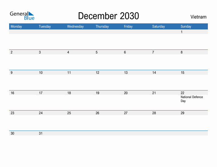 Fillable December 2030 Calendar