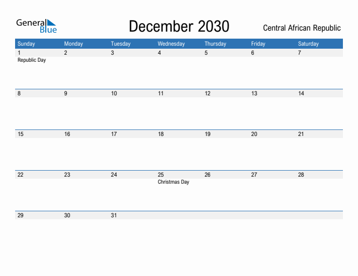 Editable December 2030 Calendar with Central African Republic Holidays
