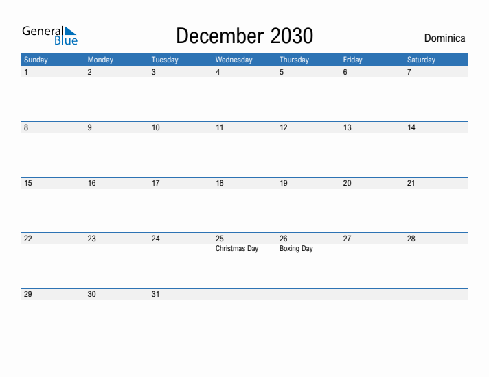 December 2030 Monthly Calendar with Dominica Holidays
