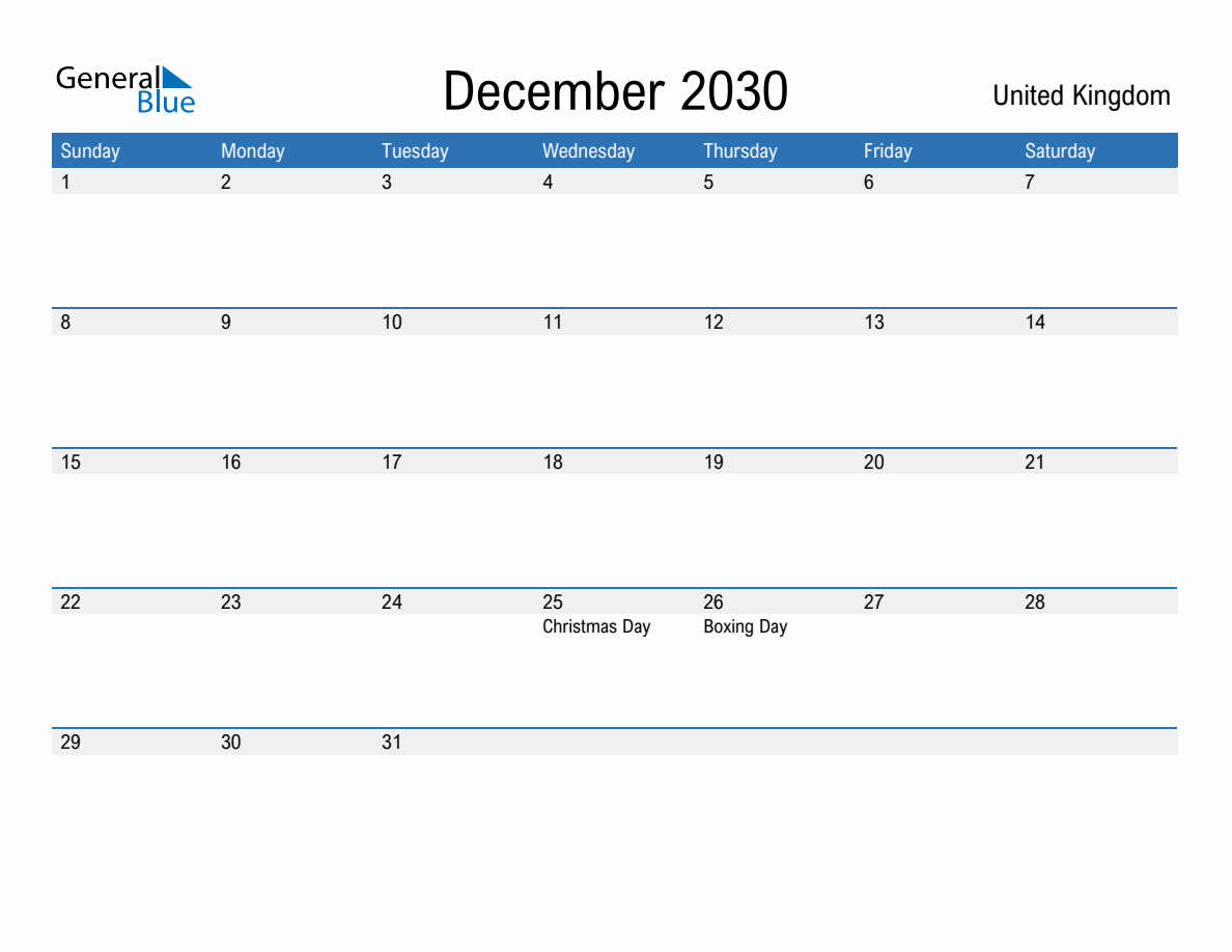 Editable December 2030 Calendar with United Kingdom Holidays