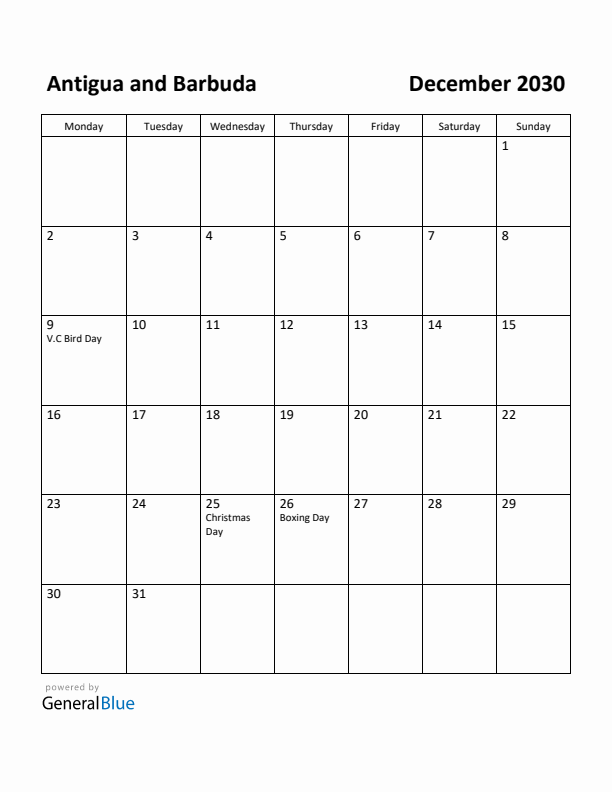 December 2030 Calendar with Antigua and Barbuda Holidays