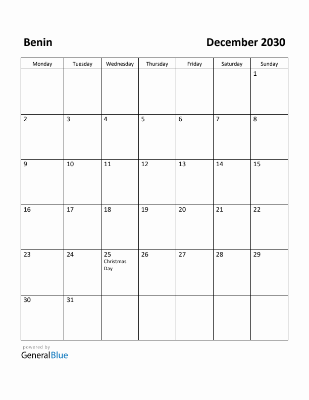 December 2030 Calendar with Benin Holidays