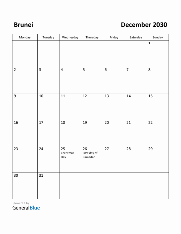 December 2030 Calendar with Brunei Holidays