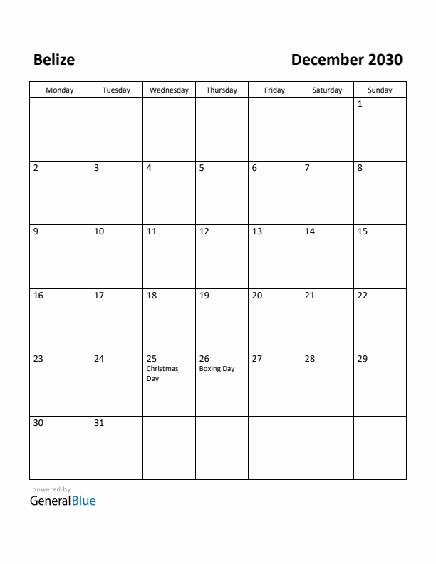 December 2030 Calendar with Belize Holidays