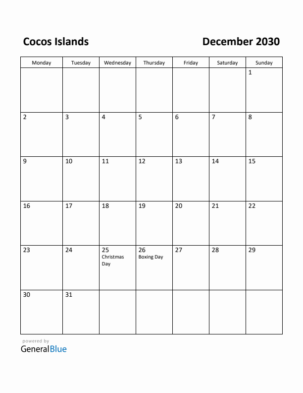 December 2030 Calendar with Cocos Islands Holidays