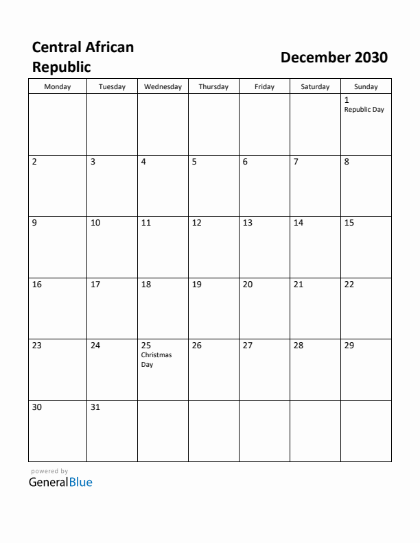 December 2030 Calendar with Central African Republic Holidays