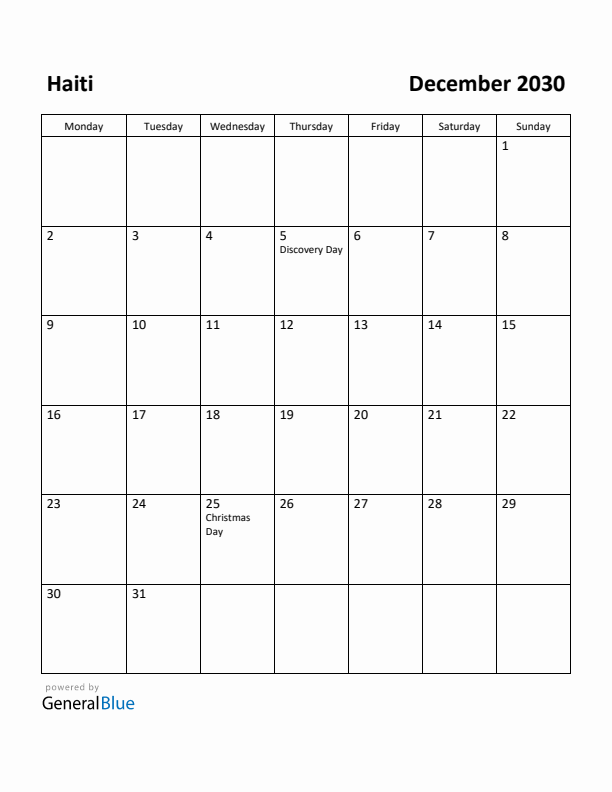 December 2030 Calendar with Haiti Holidays