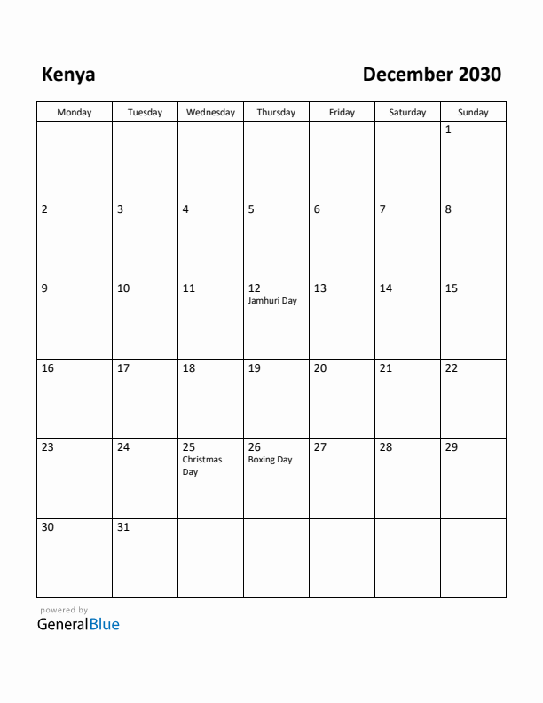 December 2030 Calendar with Kenya Holidays