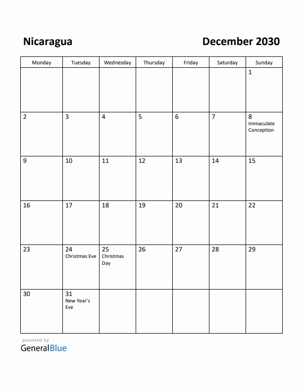 December 2030 Calendar with Nicaragua Holidays
