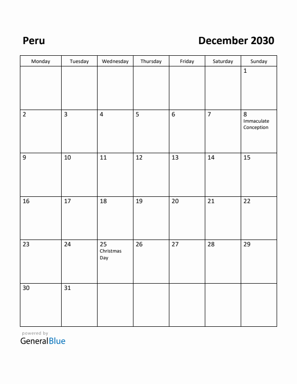 December 2030 Calendar with Peru Holidays