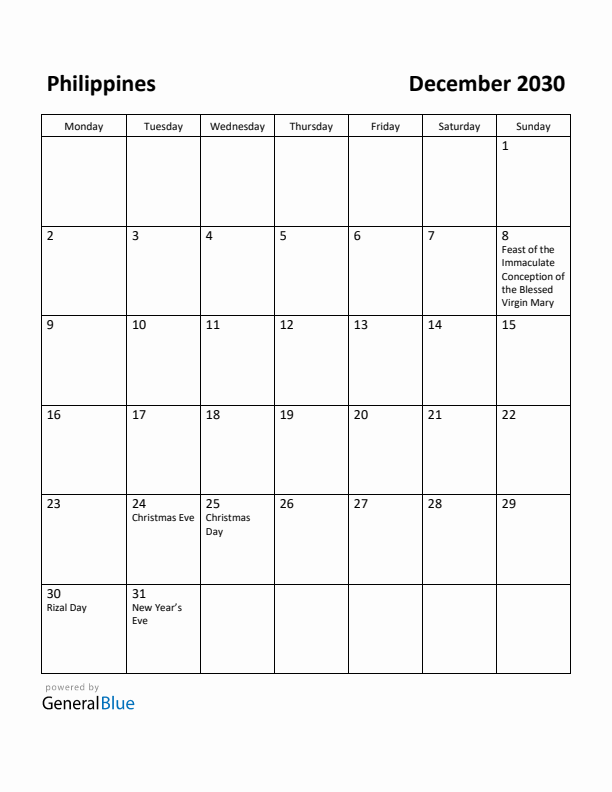 December 2030 Calendar with Philippines Holidays