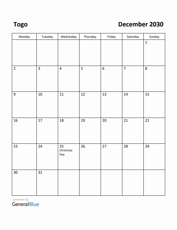 December 2030 Calendar with Togo Holidays
