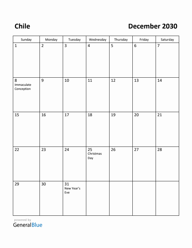 December 2030 Calendar with Chile Holidays