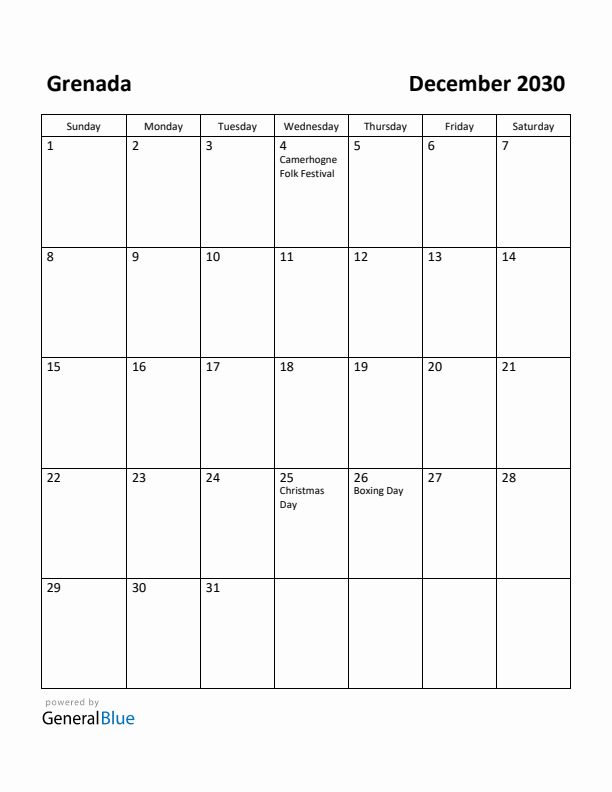 December 2030 Calendar with Grenada Holidays