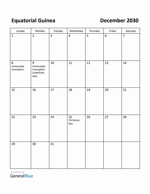 December 2030 Calendar with Equatorial Guinea Holidays