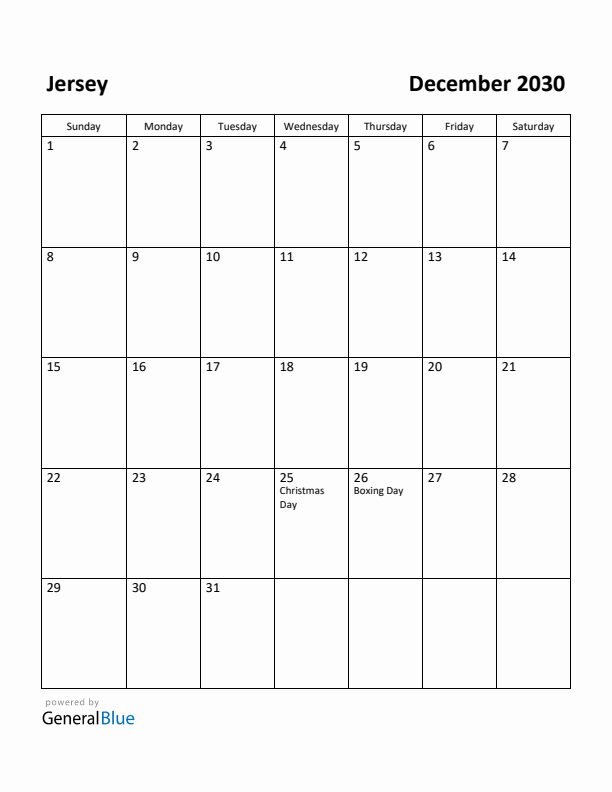 Free Printable December 2030 Calendar for Jersey