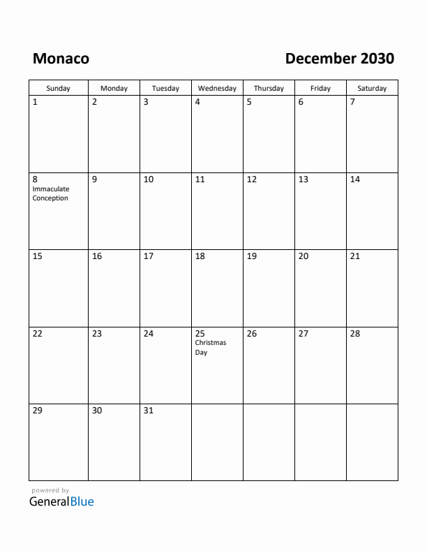 December 2030 Calendar with Monaco Holidays