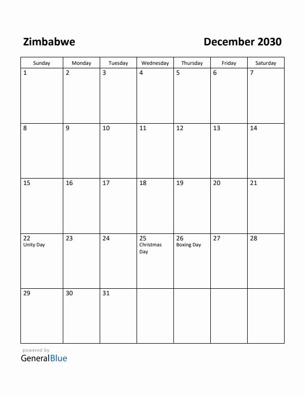 December 2030 Monthly Calendar with Zimbabwe Holidays