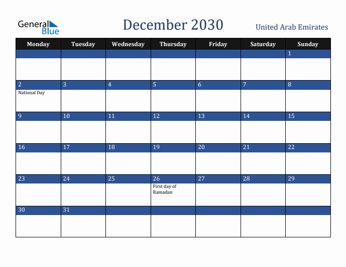 December 2030 United Arab Emirates Calendar (Monday Start)