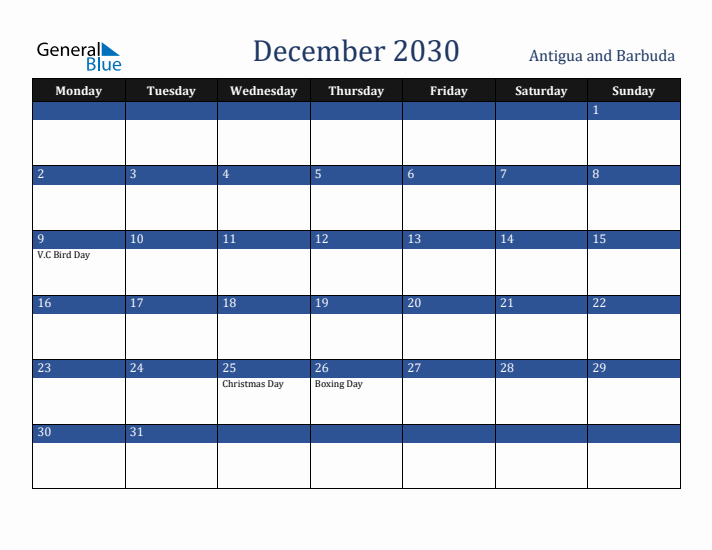 December 2030 Antigua and Barbuda Calendar (Monday Start)