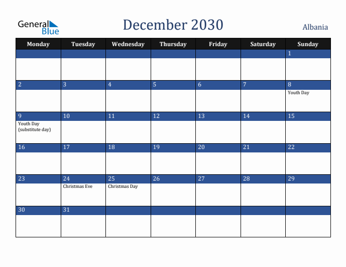 December 2030 Albania Calendar (Monday Start)