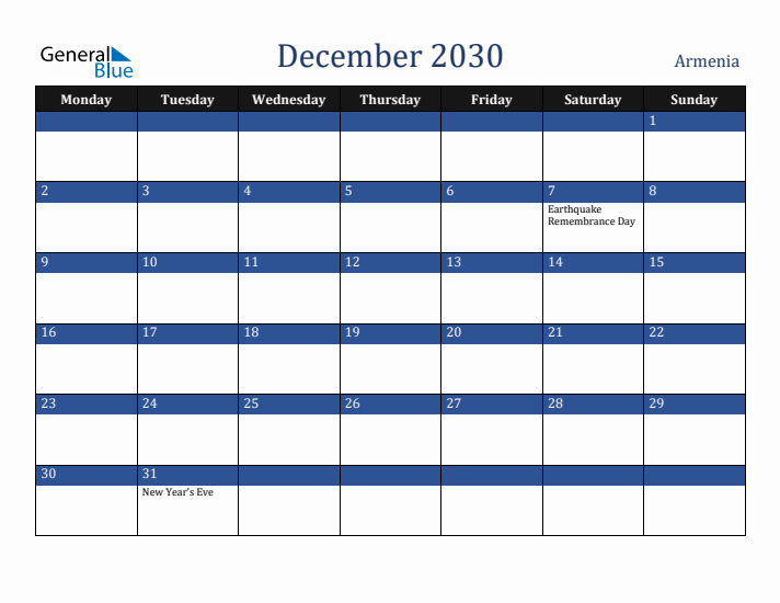 December 2030 Armenia Calendar (Monday Start)