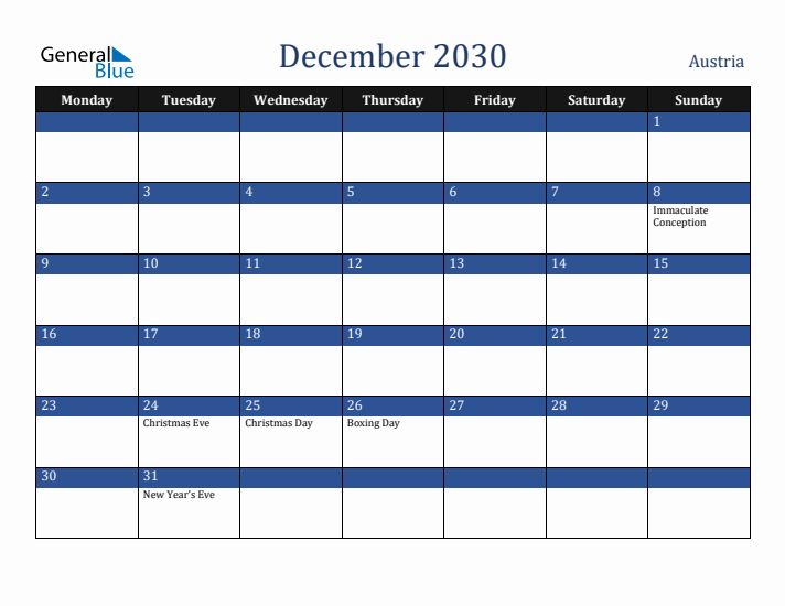 December 2030 Austria Calendar (Monday Start)