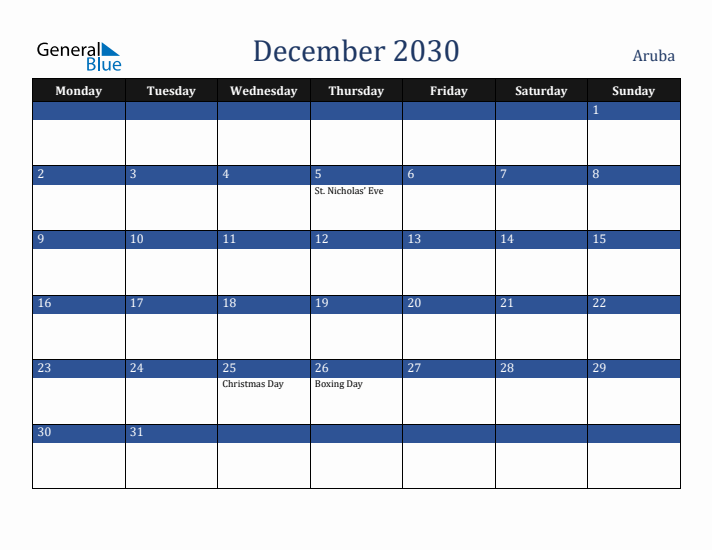 December 2030 Aruba Calendar (Monday Start)