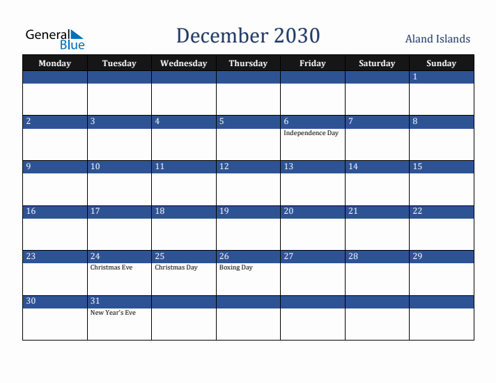 December 2030 Aland Islands Calendar (Monday Start)