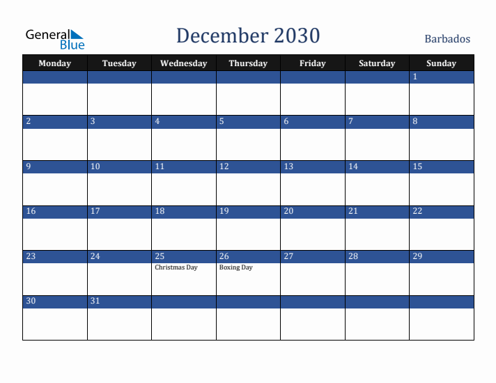 December 2030 Barbados Calendar (Monday Start)