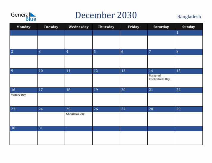 December 2030 Bangladesh Calendar (Monday Start)