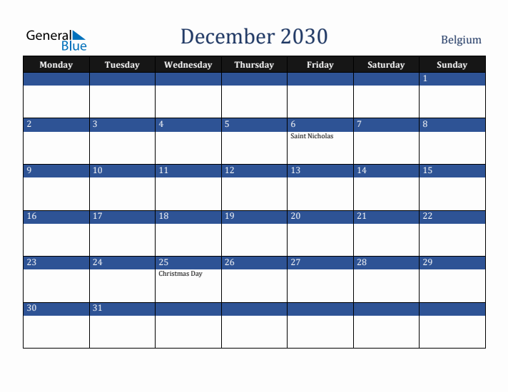 December 2030 Belgium Calendar (Monday Start)