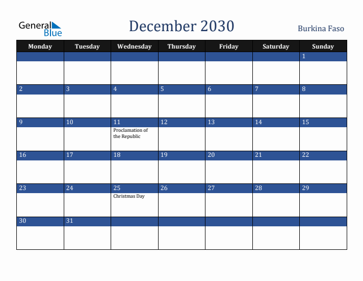 December 2030 Burkina Faso Calendar (Monday Start)
