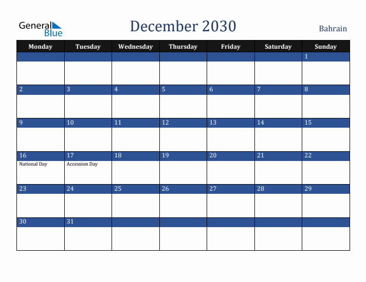December 2030 Bahrain Calendar (Monday Start)