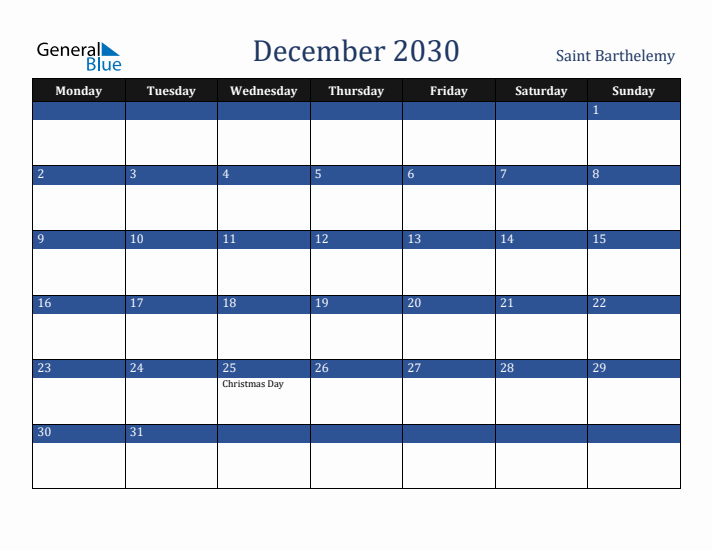 December 2030 Saint Barthelemy Calendar (Monday Start)