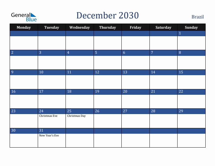 December 2030 Brazil Calendar (Monday Start)