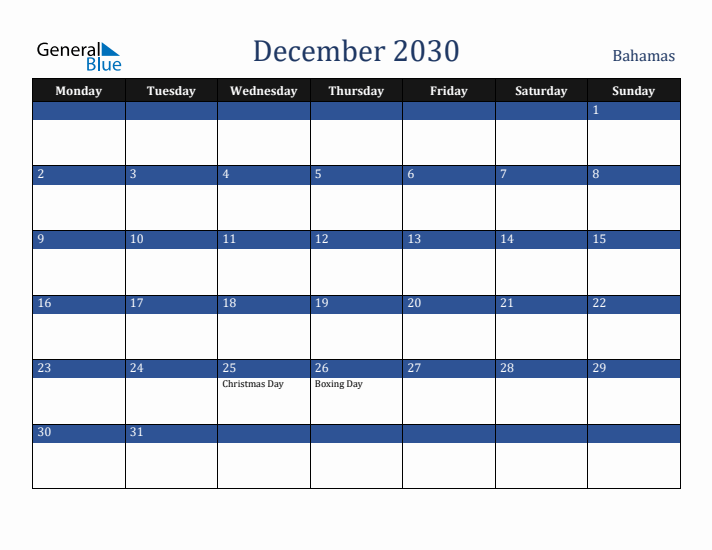 December 2030 Bahamas Calendar (Monday Start)