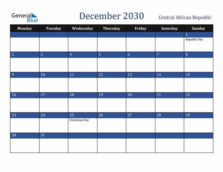 December 2030 Central African Republic Calendar (Monday Start)