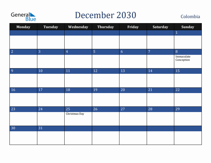 December 2030 Colombia Calendar (Monday Start)