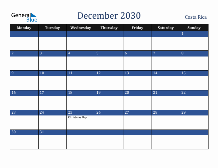 December 2030 Costa Rica Calendar (Monday Start)