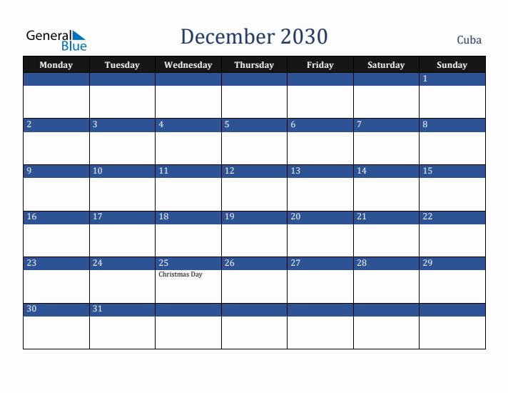 December 2030 Cuba Calendar (Monday Start)