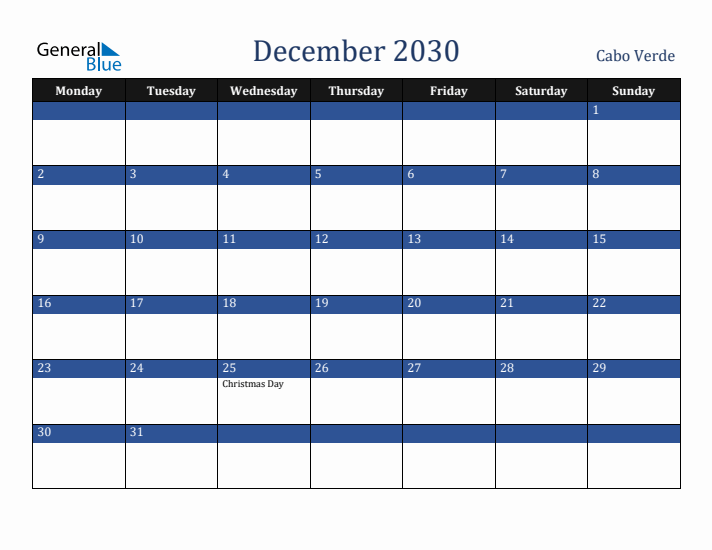 December 2030 Cabo Verde Calendar (Monday Start)