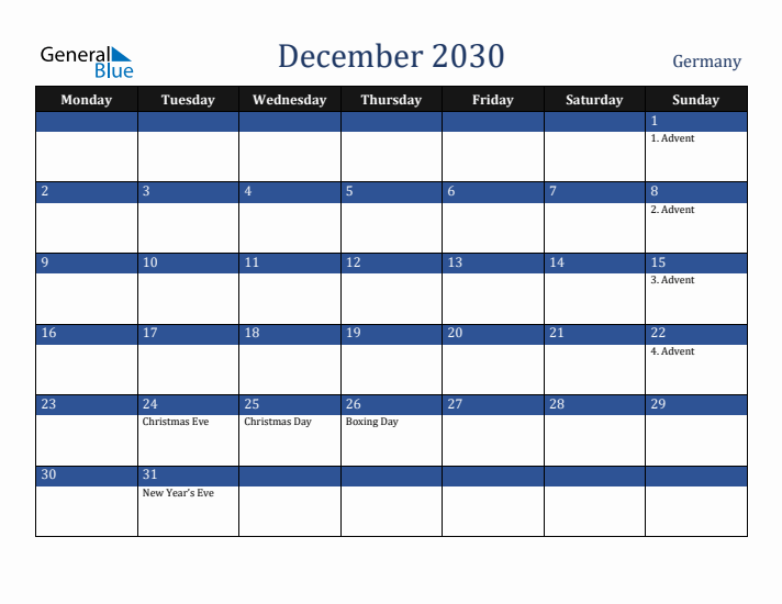 December 2030 Germany Calendar (Monday Start)
