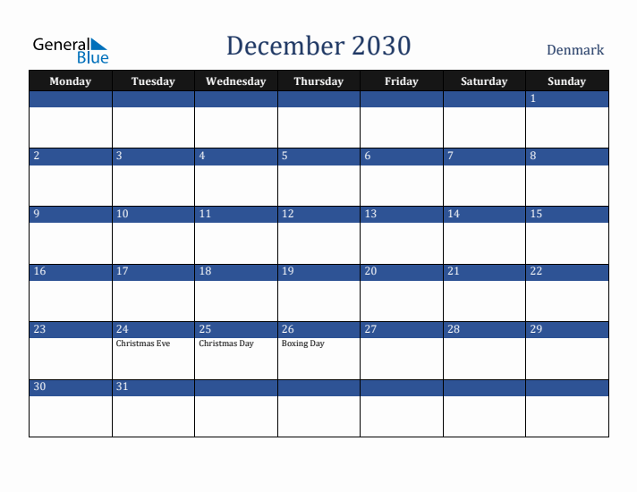 December 2030 Denmark Calendar (Monday Start)