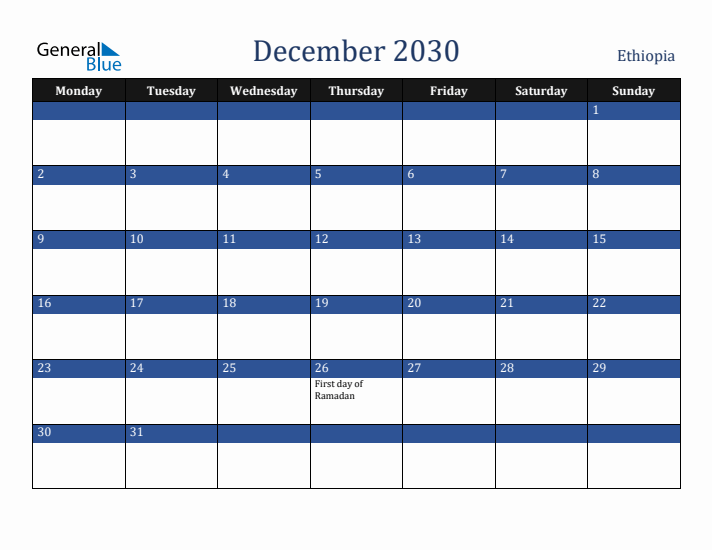 December 2030 Ethiopia Calendar (Monday Start)