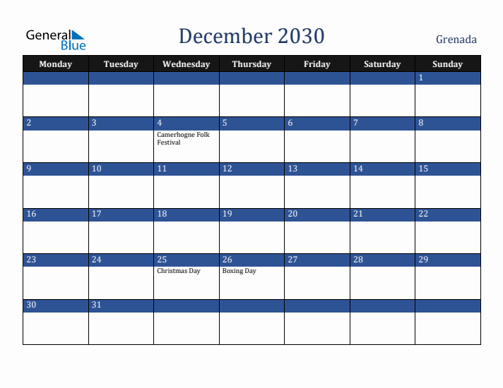 December 2030 Grenada Calendar (Monday Start)