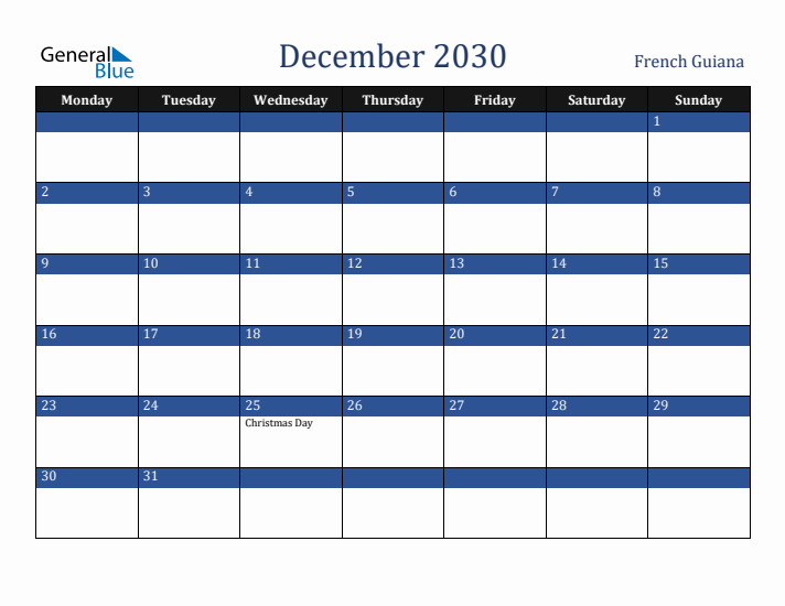December 2030 French Guiana Calendar (Monday Start)