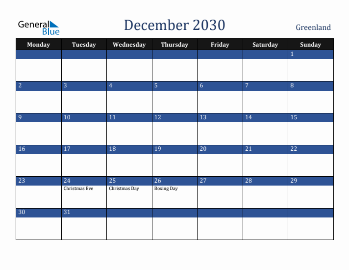 December 2030 Greenland Calendar (Monday Start)