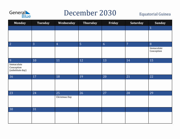 December 2030 Equatorial Guinea Calendar (Monday Start)