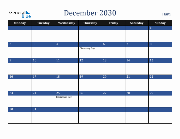 December 2030 Haiti Calendar (Monday Start)